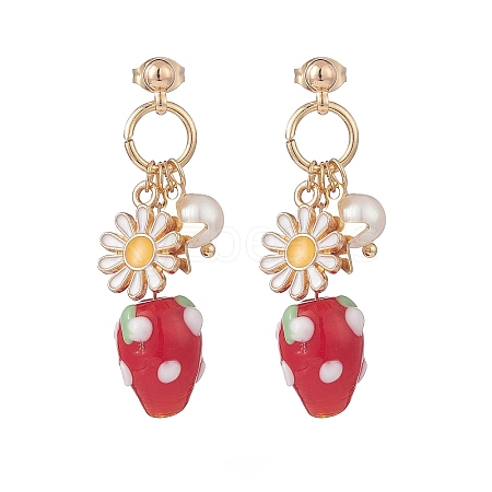 Natural Pearl & Alloy Enamel Flower & Lampwork Strawberry Dangle Stud Earrings EJEW-TA00143-1