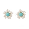 Synthetic Green Turquoise & Shell Pearl Braided Flower Stud Earrings EJEW-TA00161-1