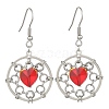Brass Flat Round & Glass Heart Dangle Earrings EJEW-TA00270-1
