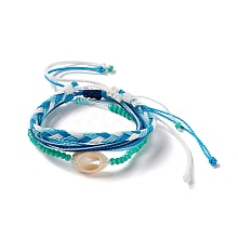 3Pcs 3 Style Natural Shell & Glass Braided Bead Bracelets Set BJEW-B065-07B