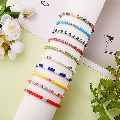 10Pcs 10 Style Handmade Polymer Clay Heishi Surfer Stretch Bracelets Set BJEW-SW00048-1