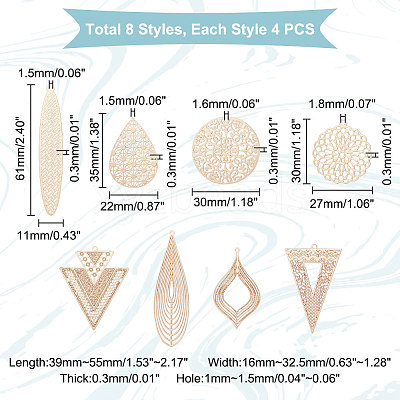 32Pcs 8 Style Rack Plating Brass Filigree Big Pendants KKC-UN0001-02-1