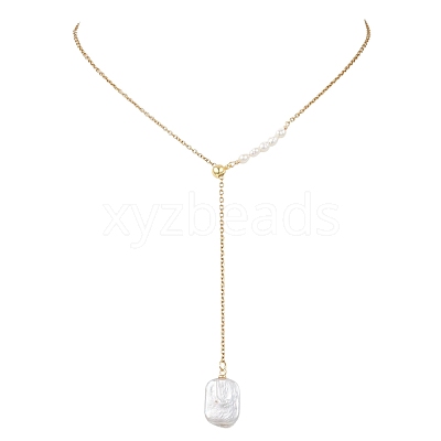 Adjustable Natural Keshi Pearl Rectangle Pendant 304 Stainless Steel Cable Chain Lariat Y Necklaces NJEW-JN05950-1