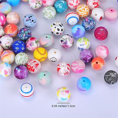 Printed Round with Flower Pattern Silicone Focal Beads SI-JX0056A-165-1