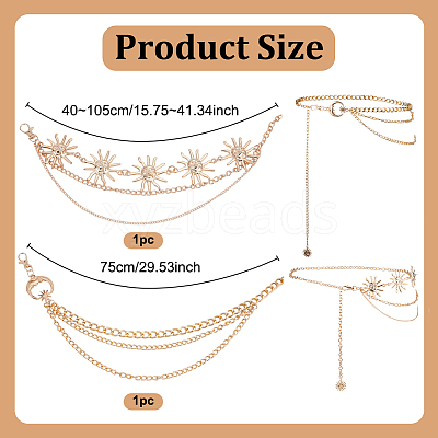2Pcs 2 Styles Moon Sun Alloy Link Waist Body Chains AJEW-UN0002-20G-1