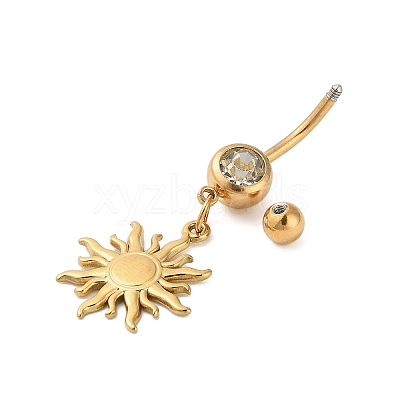 304 Stainless Steel Crystal Rhinestone Carved Barbell Dangle Belly Rings STAS-C147-18A-G-1