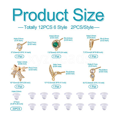12Pcs 6 Style Brass Micro Pave Cubic Zirconia Stud Earring Findings KK-FW0001-10-1