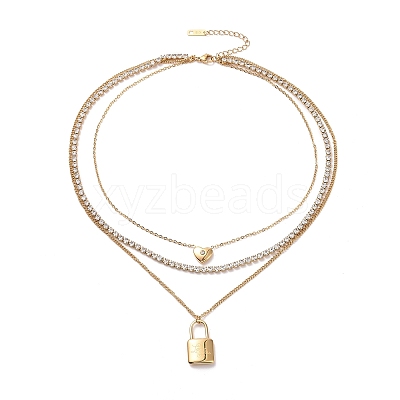 Crystal Rhinestone Heart & Word Love You Padlock Charms Triple Layer Necklace NJEW-C036-07G-1