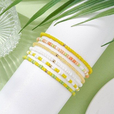 6Pcs Glass Seed & Brass Beaded Stretch Bracelets Set BJEW-JB09538-04-1