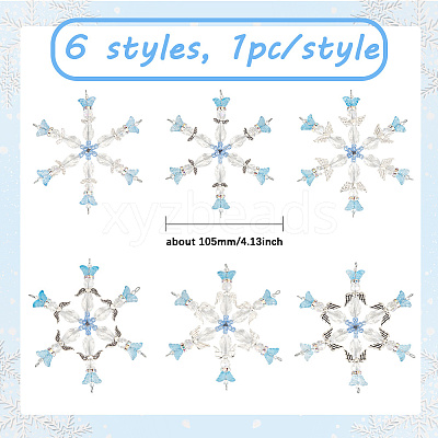 6Pcs 6 Styles Alloy & Glass Beaded Snowflake Multi-Strand Links PALLOY-SP00005-1