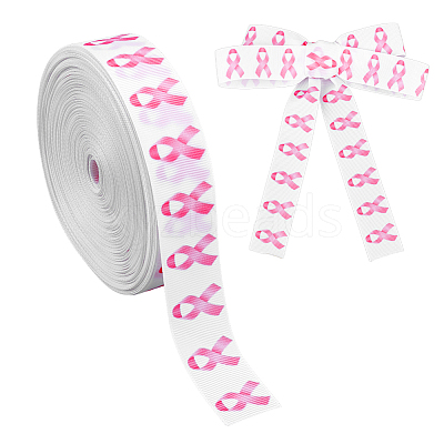 25 Yards Polyester Pink Breast Cancer Awareness Printed Grosgrain Ribbon OCOR-PH0005-34-1
