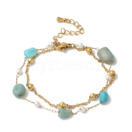 Nuggets Natural Amazonite & Imitation Pearl Multi-Strand Bracelets BJEW-P326-04A-G-1
