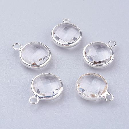 Silver Color Plated Brass Glass Flat Round Charms GLAA-M003-A-21S-1