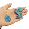 Oval Natural Aquamarine with Czech Rhinestone Pendant Necklaces & Stud Earrings & Rings Sets FS-WG513DD-01-5