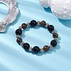 12mm Round Natural Black Onyx(Dyed & Heated) & 10mm Round Natural Tiger Eye & Alloy Beaded Stretch Bracelets for Women BJEW-JB10559-2