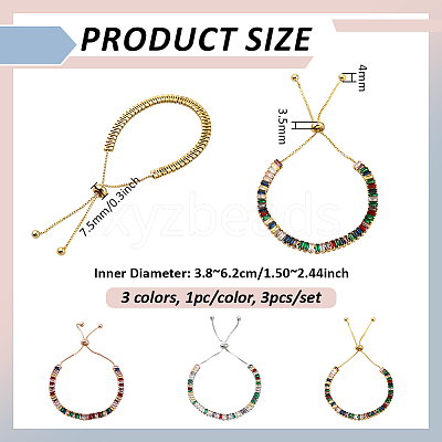 3Pcs 3 Colors Brass Pave Cubic Zirconia Beads Slider Bracelets for Women BJEW-GO0001-07-1