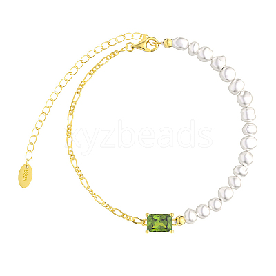 Natural Freshwater Pearls Beaded Bracelets with Cubic Zirconia Rectangle Link BJEW-I314-137-1