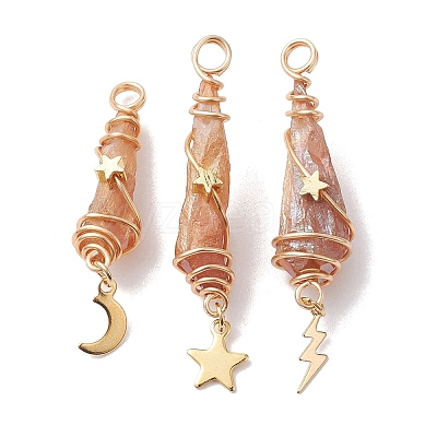 3Pcs 3 Styles Electroplated Natural Quartz Crystal Copper Wire Wrapped Pendants PALLOY-JF02586-07-1
