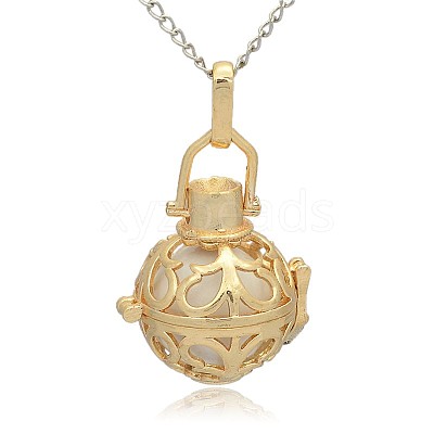 Golden Tone Brass Hollow Round Cage Pendants KK-J235-09G-1
