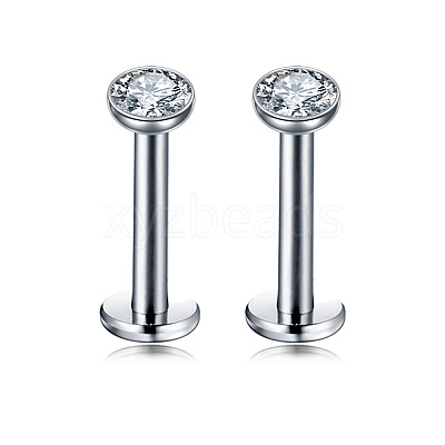 Flat Round Stainless Steel Clear Cubic Zirconia Internally Threaded Labrets WG955BE-01-1