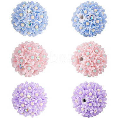 6Pcs 3 Colors Handmade Polymer Clay Rhinestone Floral Ball Beads CLAY-SC0002-14-1
