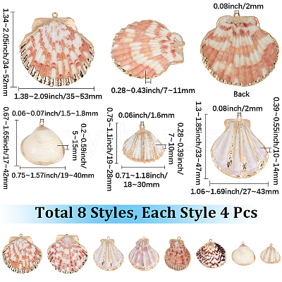 32Pcs 8 Styles Electroplated Natural Mixed Shell Pendants SSHEL-SC0001-62D-1