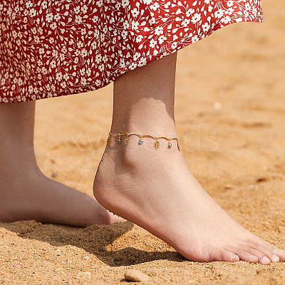 Bohemian Brass & Resin Light Blue Evil Eye & Hamda Hand Tassel Anklets AJEW-Z046-01G-1