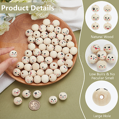 60Pcs 6 Styles Printed Wood European Beads WOOD-FG0001-46-1