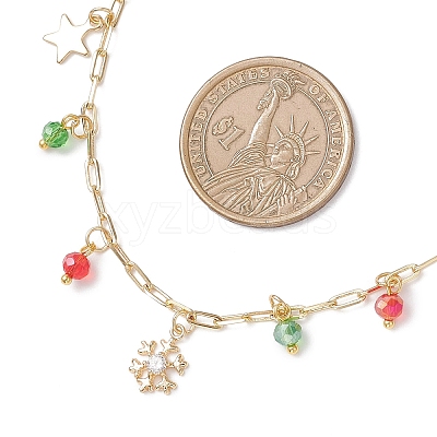 Christmas Brass Pave Clear Cubic Zirconia Snowflake & 304 Stainless Steel Star and Round Glass Tassel Brass Paperclip Chain Bib Necklaces NJEW-JN05504-1