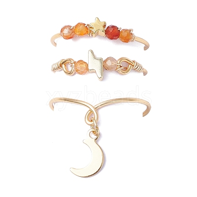 3Pcs Copper Wire Wrapped Gemstone Faceted Round Bead Finger Rings for Women RJEW-JR00887-1
