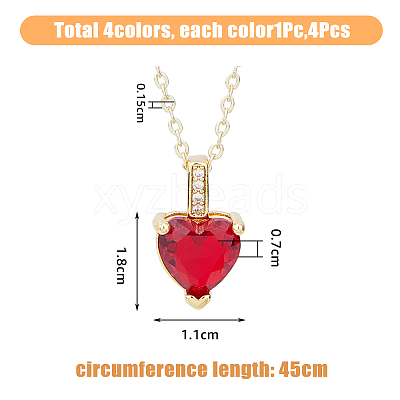 4Pcs 4 Colors Brass Micro Pave Cubic Zirconia Heart Pendant Necklaces Set NJEW-FI0001-58-1
