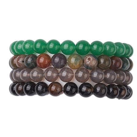 4Pcs Constellation 8mm Round Natural Gray Agate & Green Aventurine & Indian Agate & Black Onyx(Dyed & Heated) Beaded Stretch Bracelets for Women BJEW-JB10632-1