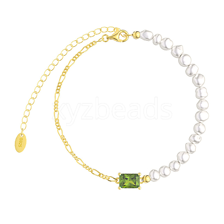 Natural Freshwater Pearls Beaded Bracelets with Cubic Zirconia Rectangle Link BJEW-I314-137-1