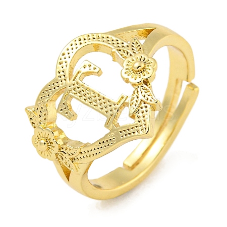 Heart with Letter & Flower Rack Plating Brass Adjustable Rings for Women RJEW-I105-05G-T-1