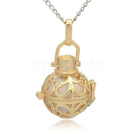 Golden Tone Brass Hollow Round Cage Pendants KK-J235-09G-1