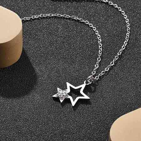 304 Stainless Steel Crystal Rhinestone Double Star Pendant Cable Chain Necklaces NJEW-Z056-02A-P-1