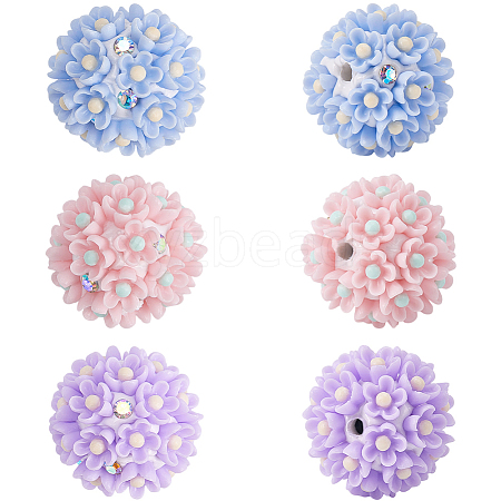 6Pcs 3 Colors Handmade Polymer Clay Rhinestone Floral Ball Beads CLAY-SC0002-14-1