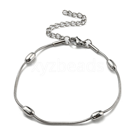 Tarnish Resistant 304 Stainless Steel Round Snake Chain Bracelet with Oval Beaded BJEW-E088-03P-1