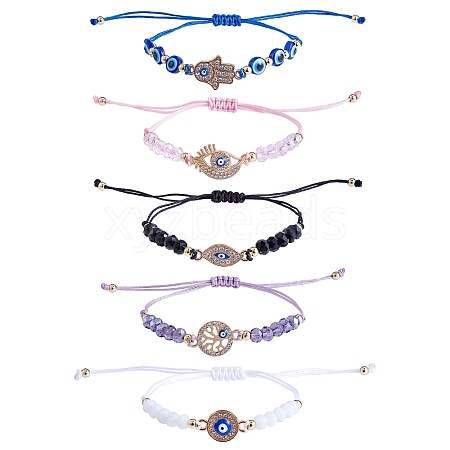 5Pcs 5 Style Rhinestone Evil Eye Link Bracelets Set with Glass & Resin Beaded BJEW-SW00104-1