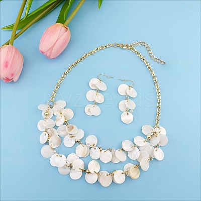 Flat Round Shell Dangle Earrings & Double Layer Necklaces Sets FS-WG04E23-05-1