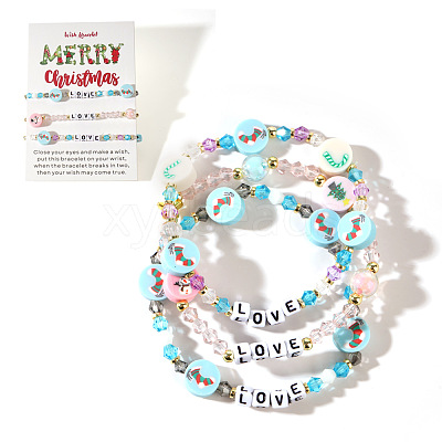 3Pcs Christmas Theme Handmade Polymer Clay & Glass Bicone Beads Stretch Bracelet Sets QY3550-8-1