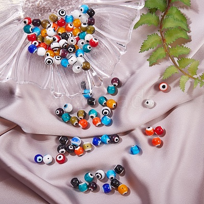 120Pcs 12 Colors Handmade Evil Eye Lampwork Round Bead Strands LAMP-SZ0001-11-1
