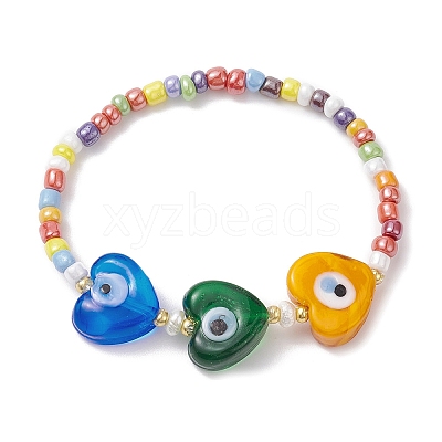 3Pcs 3 Style Heart & Flower & Hamsa Hand Lampwork & Seed Beaded Stretch Bracelets BJEW-JB09372-1