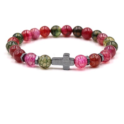 8MM Round Natural Dragon Veins Agate(Dyed & Heated) Beaded Stretch Bracelets with Synthetic Non-magnetic Hematite Cross FA1012-10-1