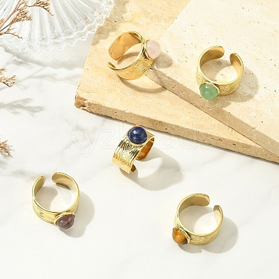 Natural Gemstone Round 304 Stainless Steel Cuff Open Rings for Women RJEW-JR01069-1