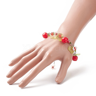 Teacher's Day Theme Resin Apple Charm Bracelets with Acrylic Leaf & Plastic Flower BJEW-JB09209-1