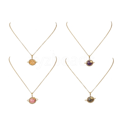 4Pcs 4 Styles Natural Labradorite & Yellow Hematoid Quartz & Amethyst & Dyed Green Jade Copper Wire Wrapped Planet Pendant Brass Cable Chain Necklaces for Women NJEW-TA00260-1