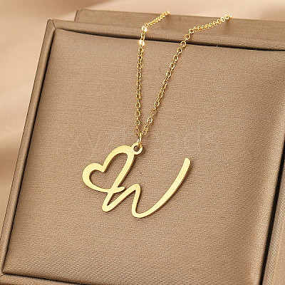 304 Stainless Steel Heart Initial Pendant Necklaces for Women Men FS-WG51A4F-17-1