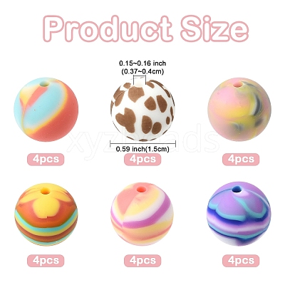 24Pcs 6 Styles Printed Round Silicone Focal Beads SIL-YW0001-76A-1