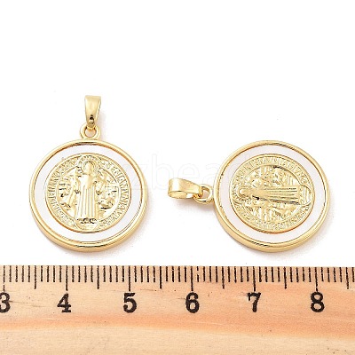 Rack Plating Brass Pave Shell Flat Round Pendants X-KK-C063-17G-1